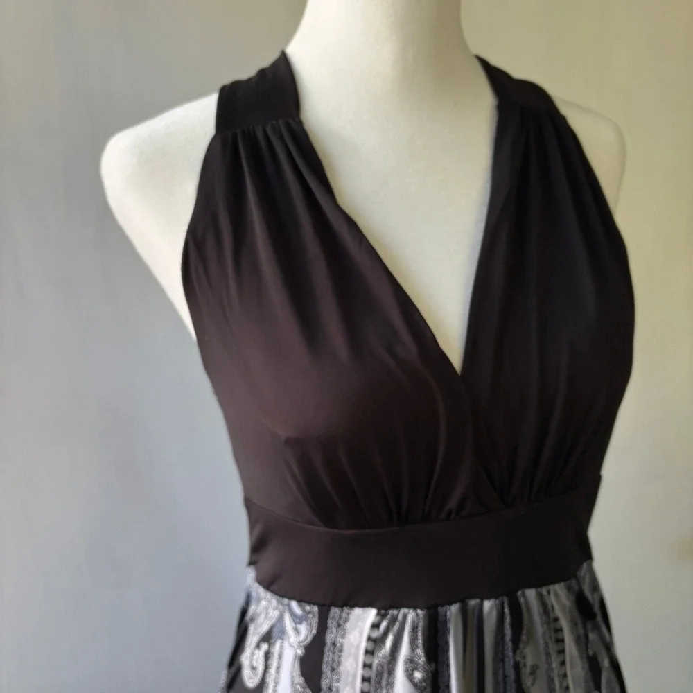 Medium Halter Dress MUSA USA Black Paisley Handkerchief Hem V‎ Neck Size Med y2k